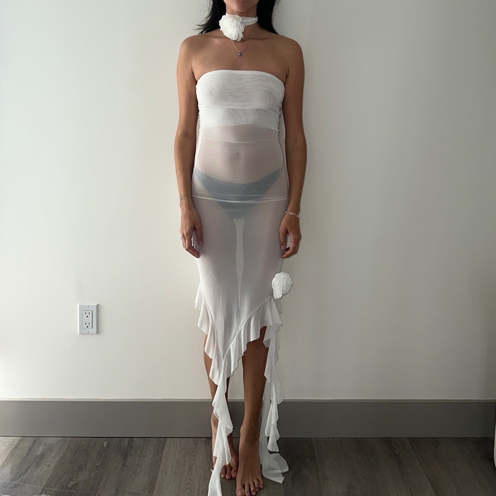 White flowy sheer dress with matching neck flower